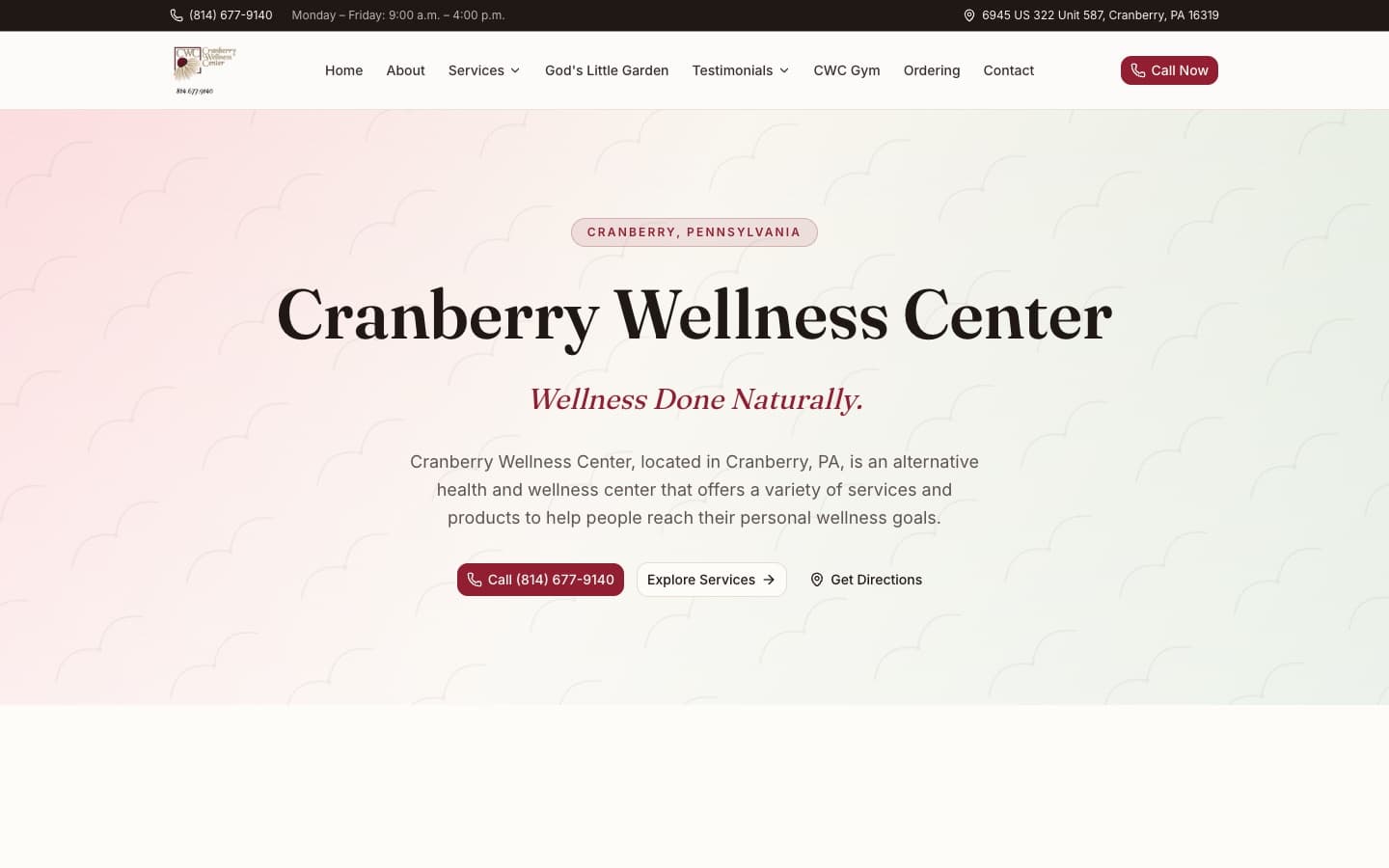 The Cranberry Wellness Center website on a desktop screen